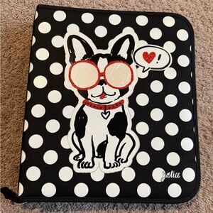 Justice French Bulldog Polka Dot Fabric Zip Binder Black /White Frenchie 3 rings